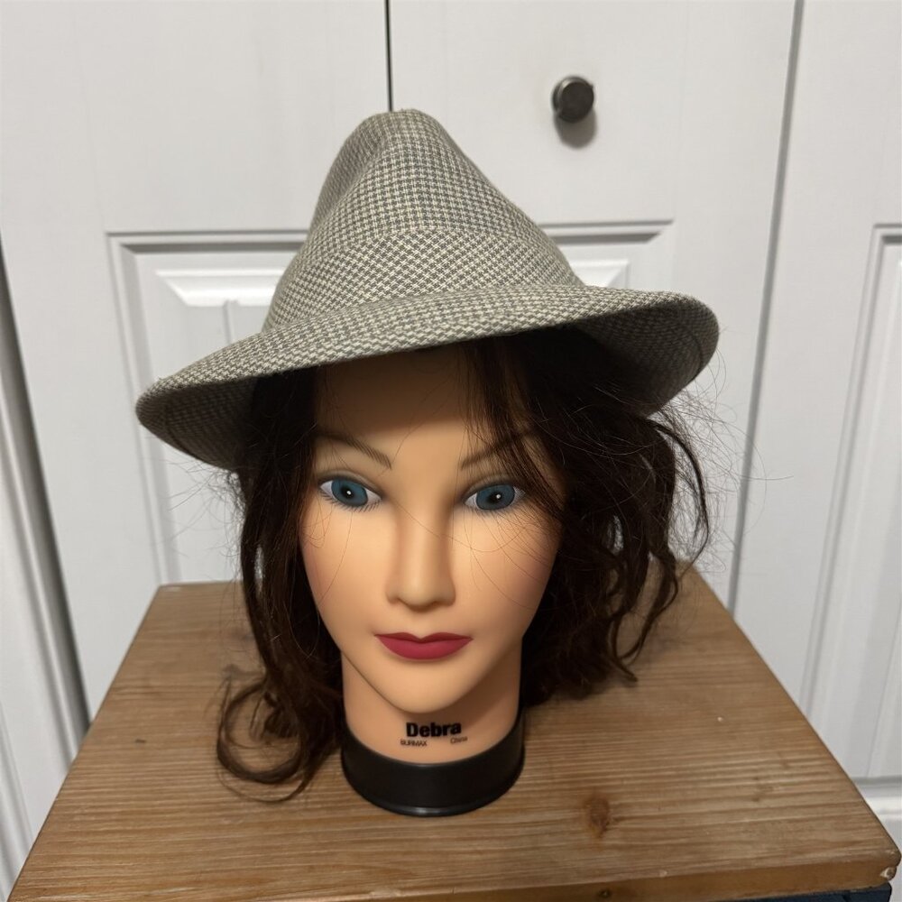 Vintage Champ Fedora Mens Hat Gray Plaid Feather Woven Plaid 7 1/8